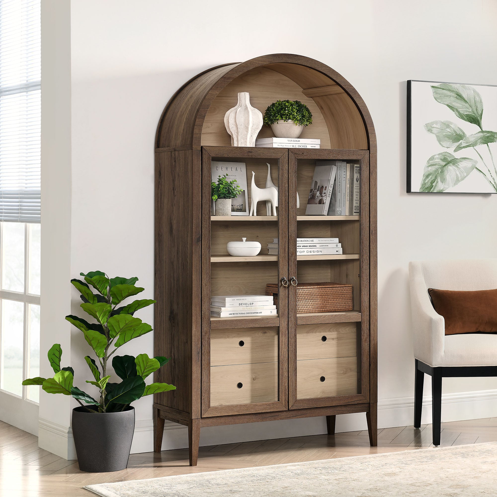 Nolan 74" Tall Wide Arched Storage Display Cabinet - Walnut Light Oak