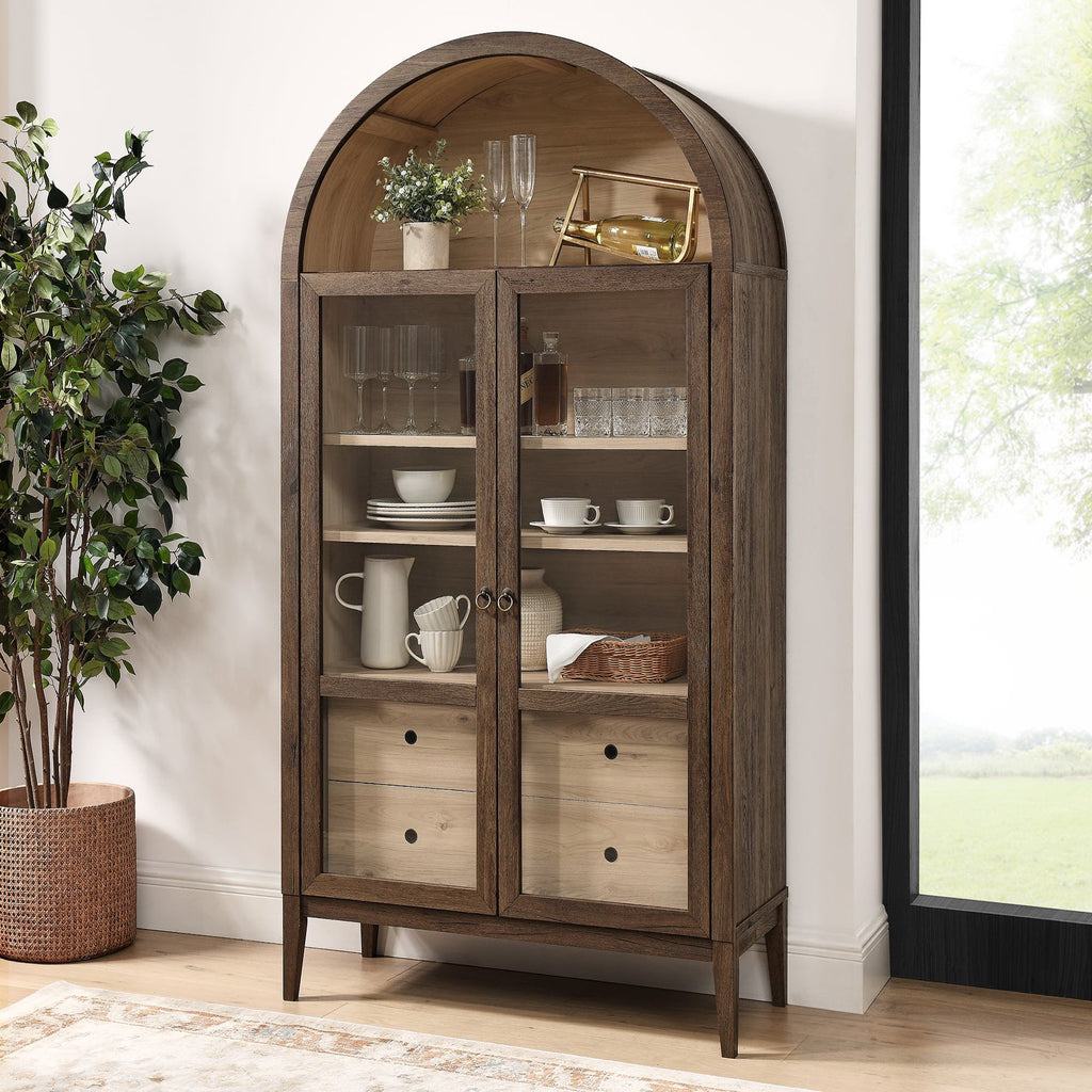 Nolan 74" Tall Wide Arched Storage Display Cabinet - Walnut Light Oak