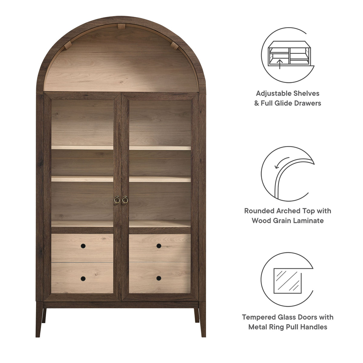 Nolan 74" Tall Wide Arched Storage Display Cabinet - Walnut Light Oak