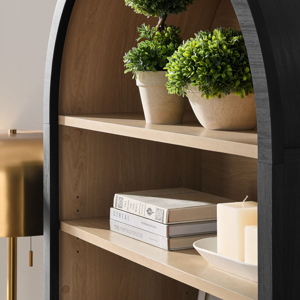 Nolan 74" Tall Wide Arched Storage Display Cabinet Bookshelf - Black Oak