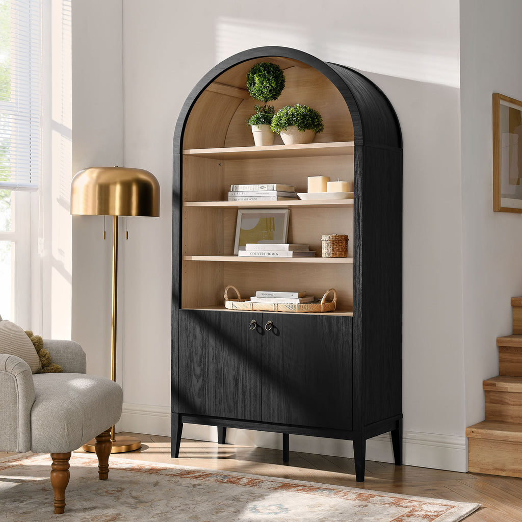 Nolan 74" Tall Wide Arched Storage Display Cabinet Bookshelf - Black Oak