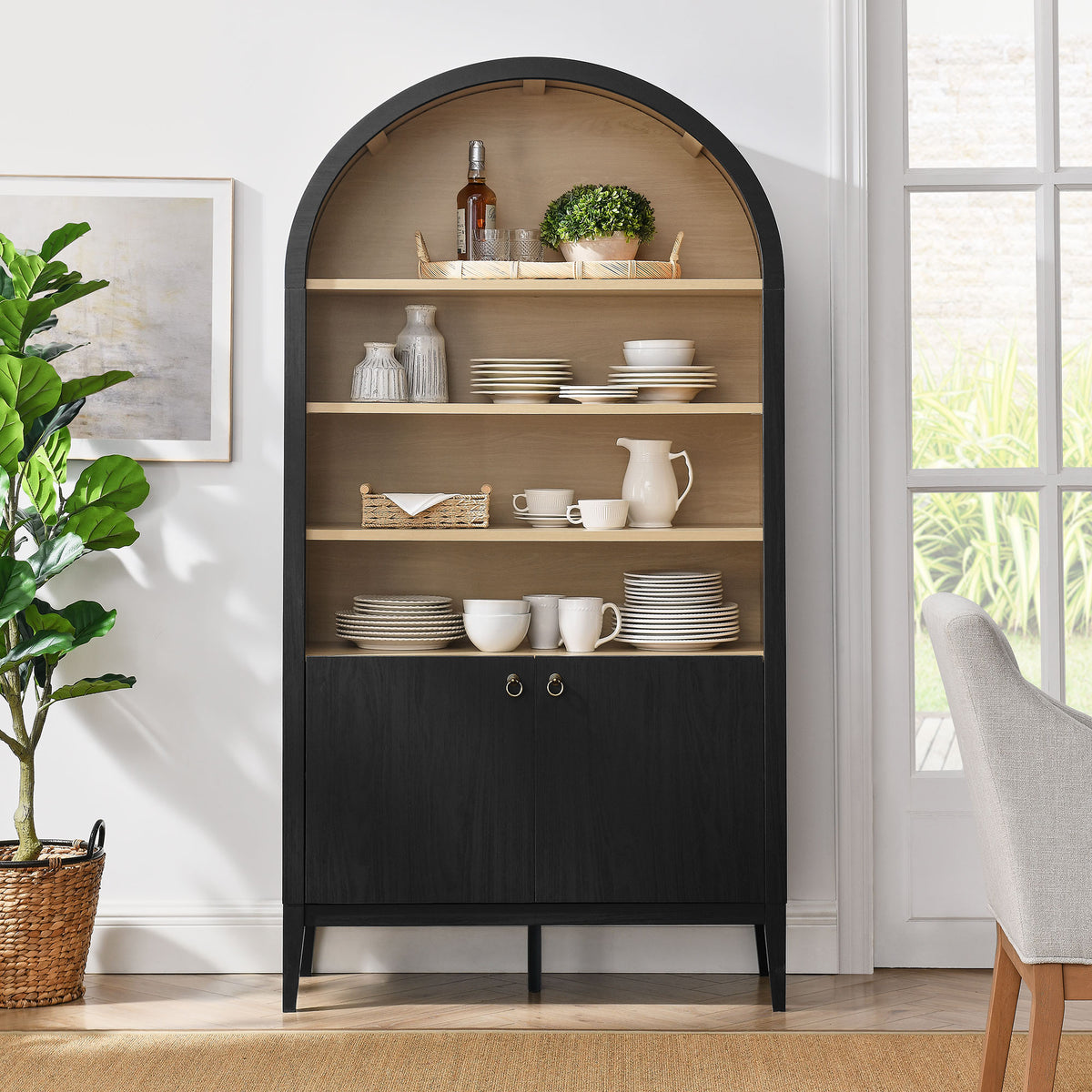 Nolan 74" Tall Wide Arched Storage Display Cabinet Bookshelf - Black Oak