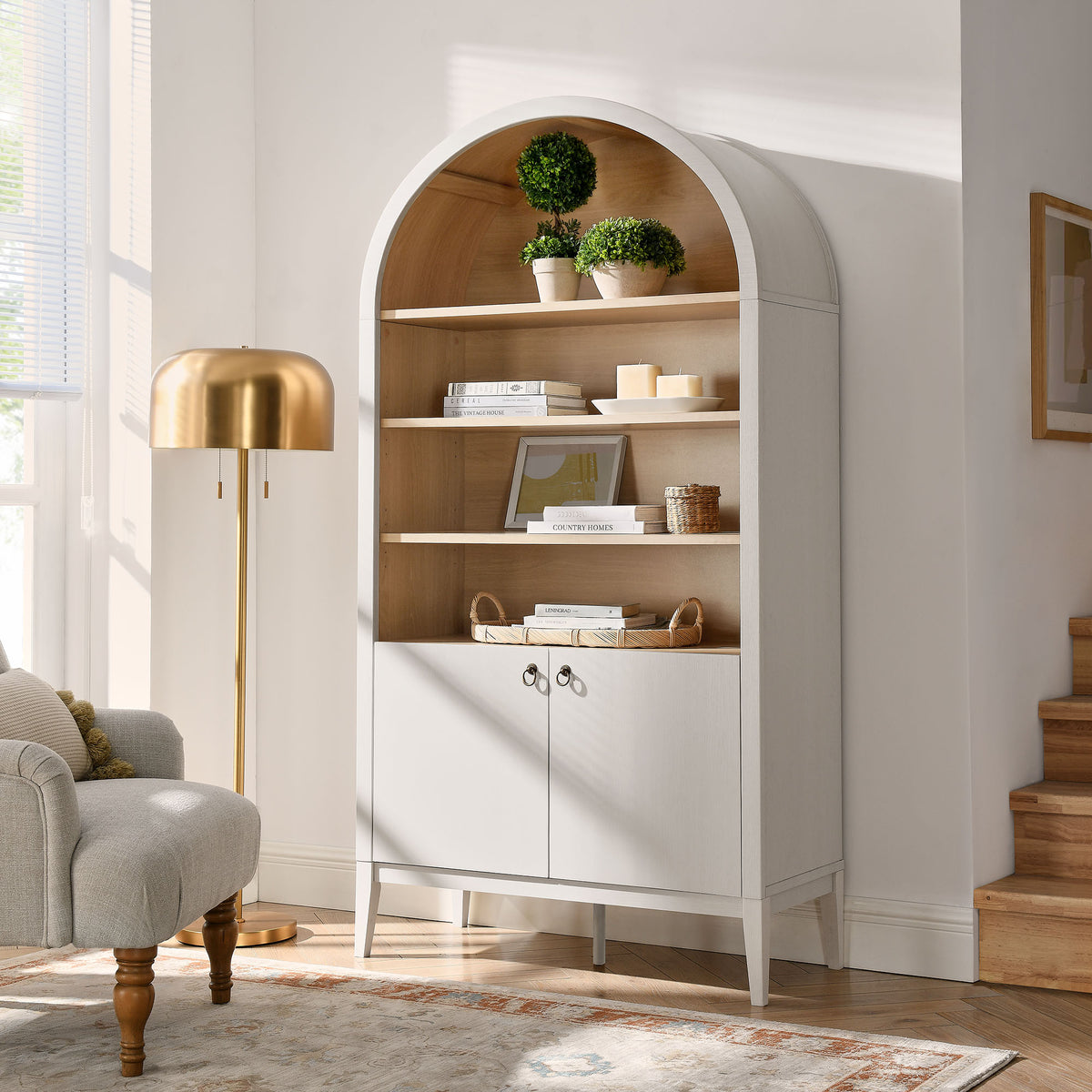 Nolan 74" Tall Wide Arched Storage Display Cabinet Bookshelf - Ivory Oak