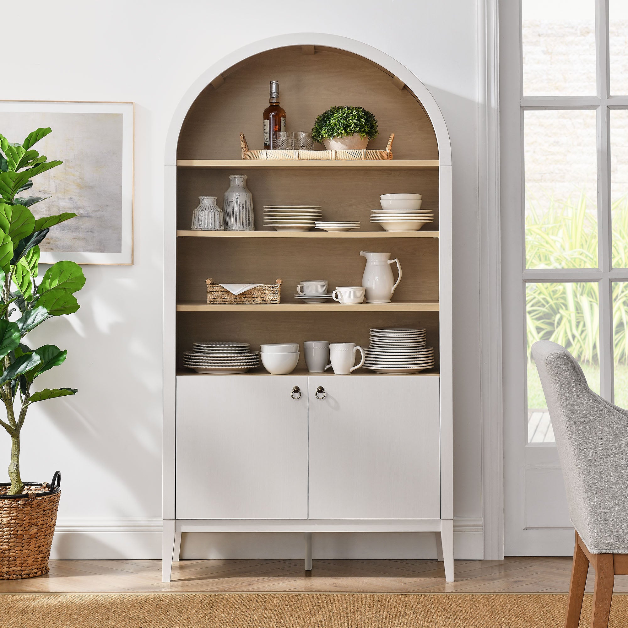 Nolan 74" Tall Wide Arched Storage Display Cabinet Bookshelf - Ivory Oak