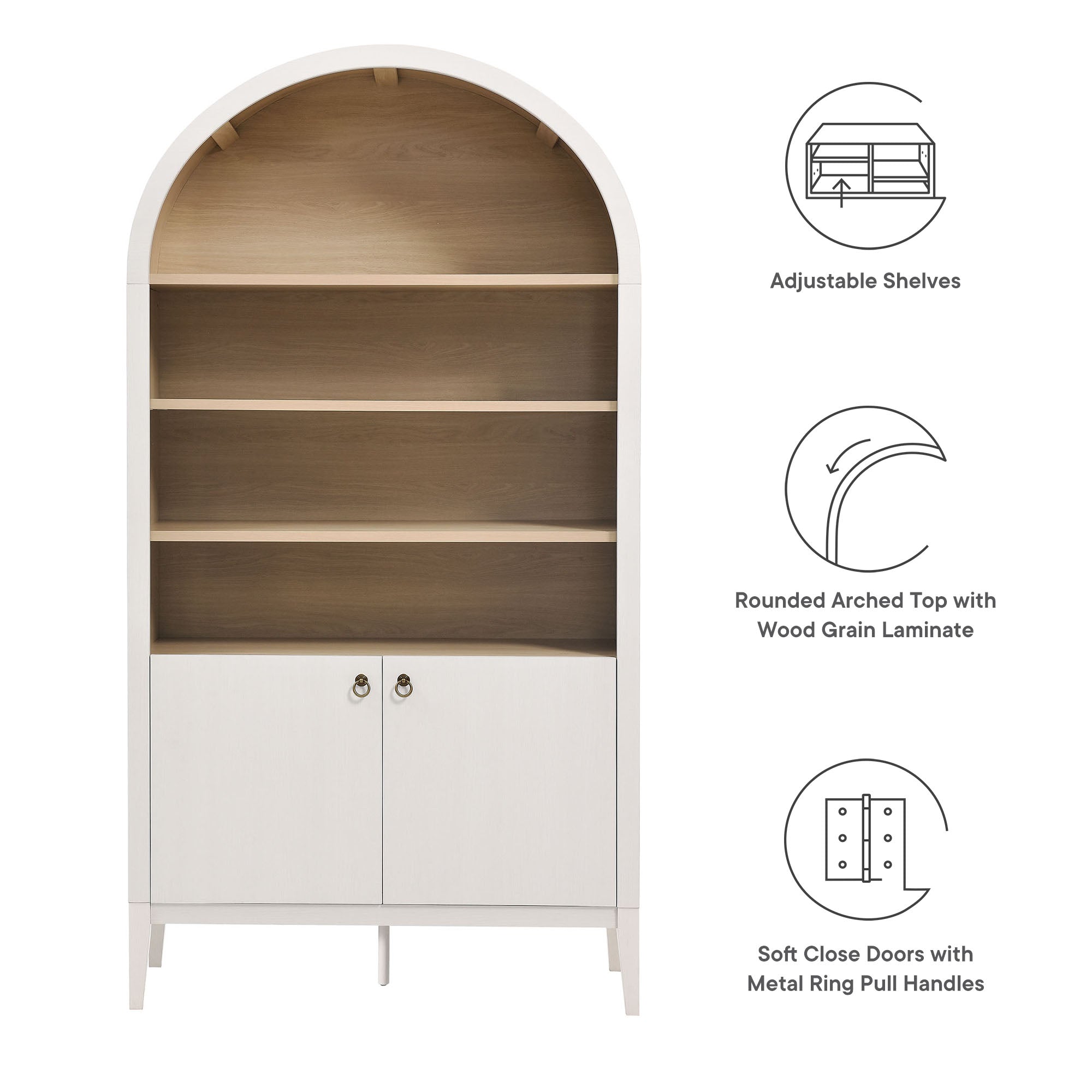 Nolan 74" Tall Wide Arched Storage Display Cabinet Bookshelf - Ivory Oak