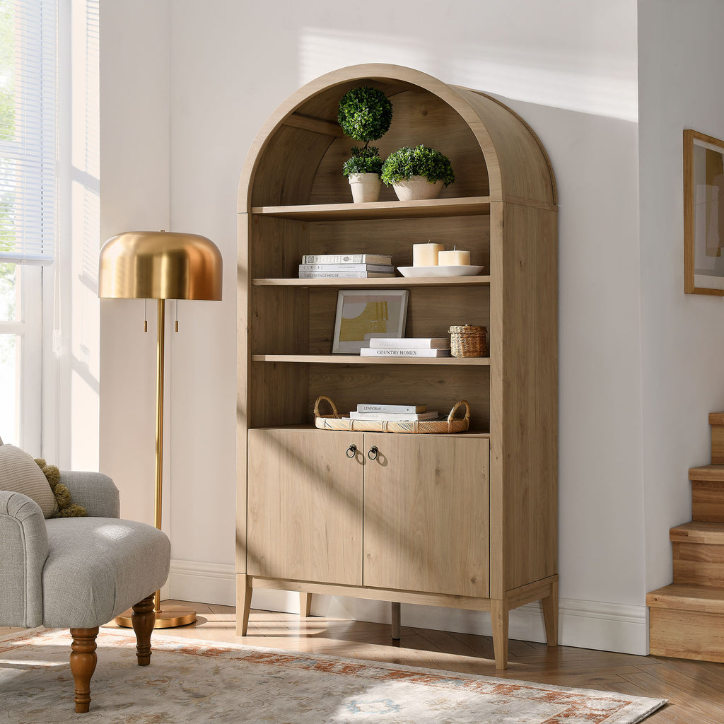 Nolan 74" Tall Wide Arched Storage Display Cabinet Bookshelf - Light Oak