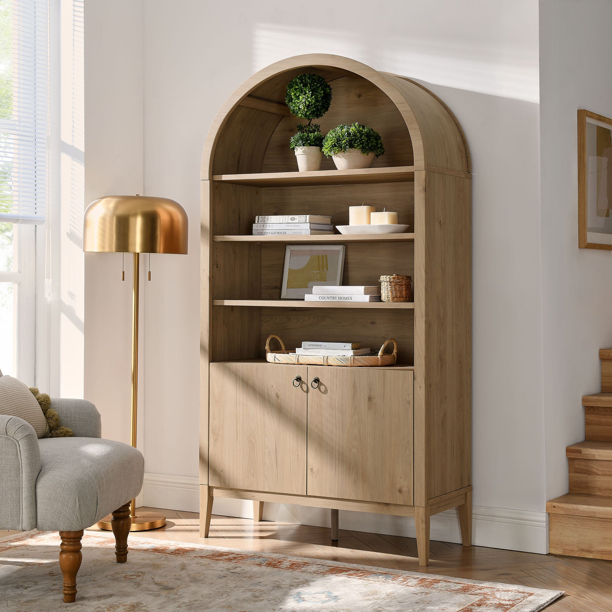 Nolan 74" Tall Wide Arched Storage Display Cabinet Bookshelf - Light Oak
