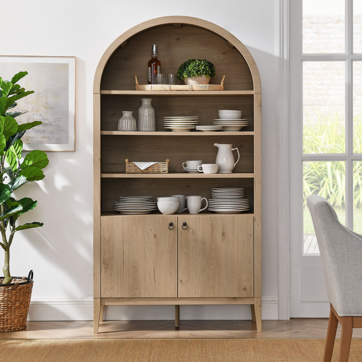 Nolan 74" Tall Wide Arched Storage Display Cabinet Bookshelf - Light Oak
