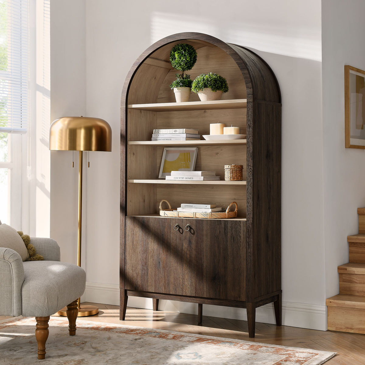 Nolan 74" Tall Wide Arched Storage Display Cabinet Bookshelf - Dark Walnut