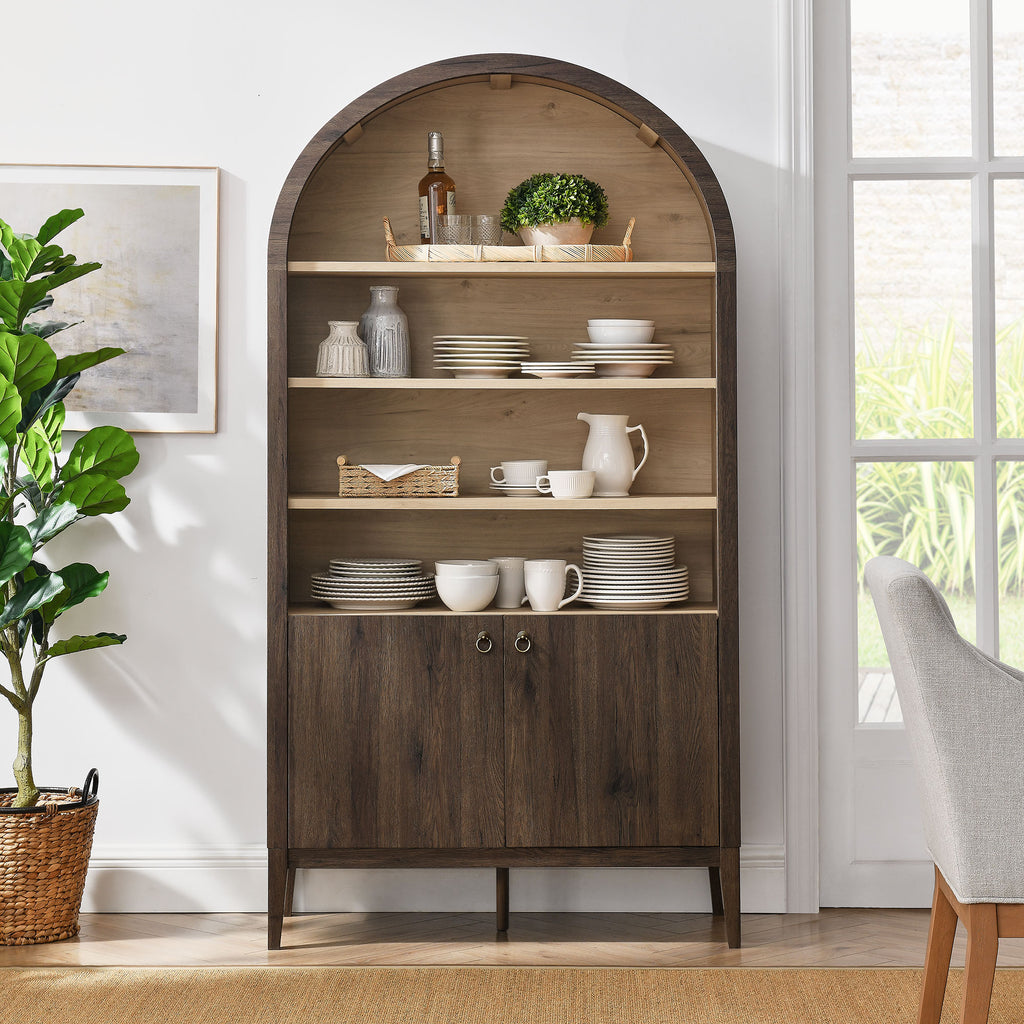 Nolan 74" Tall Wide Arched Storage Display Cabinet Bookshelf - Dark Walnut