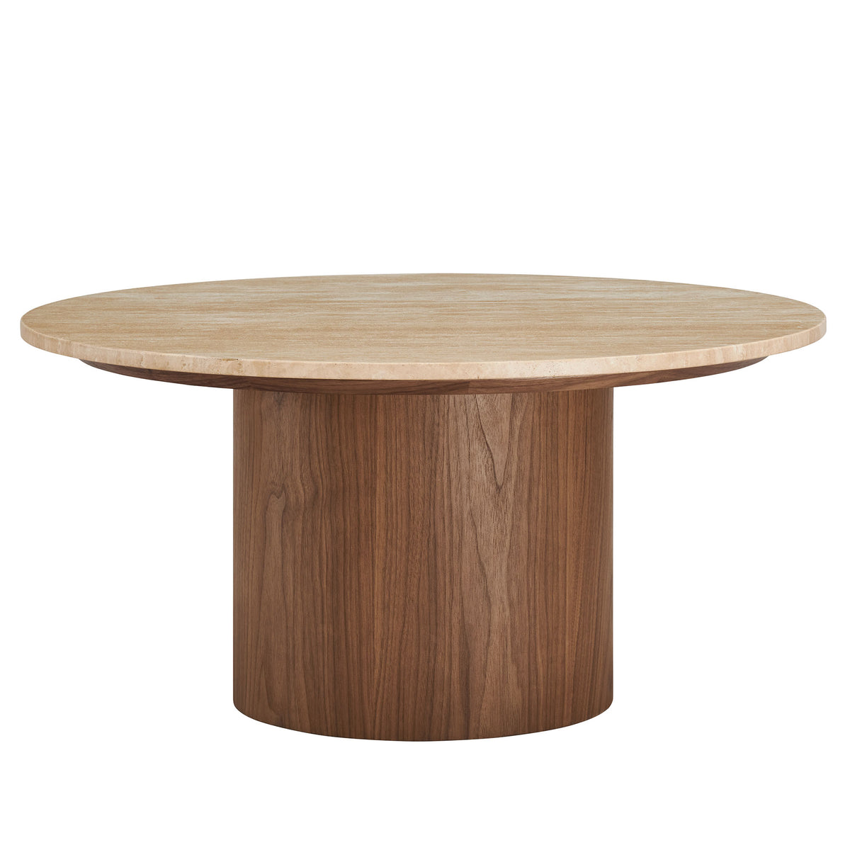 Kioni Round Travertine Coffee Table - Walnut