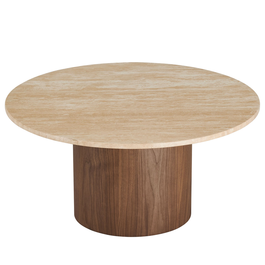 Kioni Round Travertine Coffee Table - Walnut