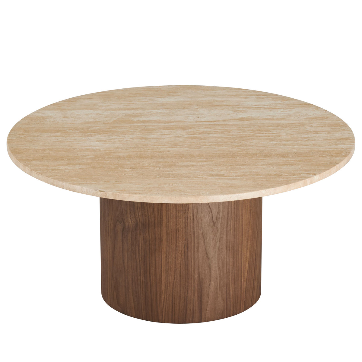 Kioni Round Travertine Coffee Table - Walnut