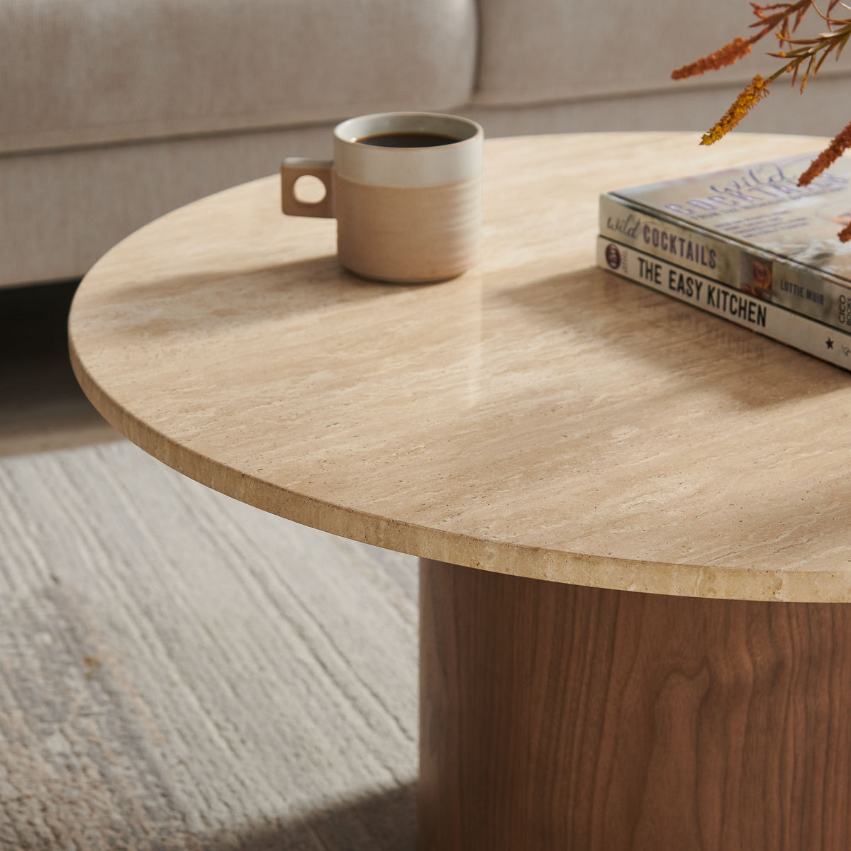 Kioni Round Travertine Coffee Table - Walnut