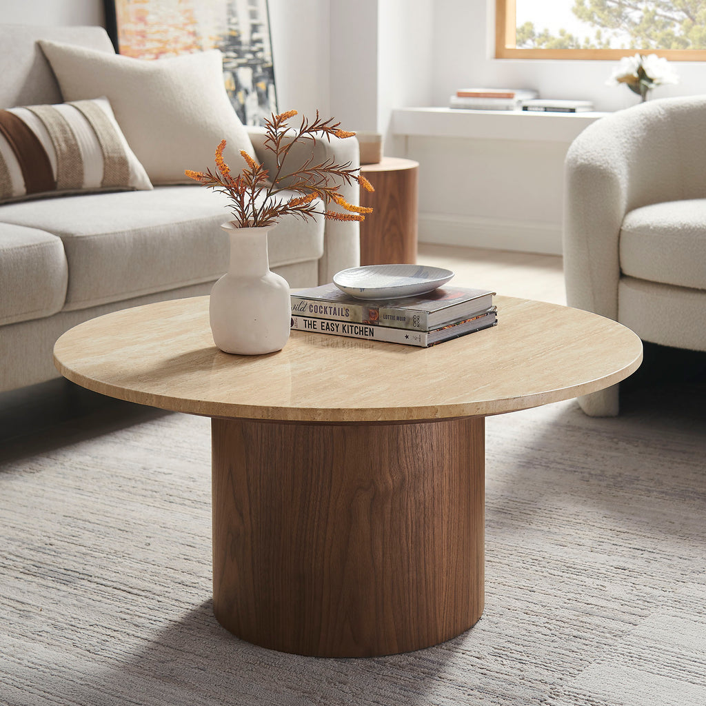 Kioni Round Travertine Coffee Table - Walnut