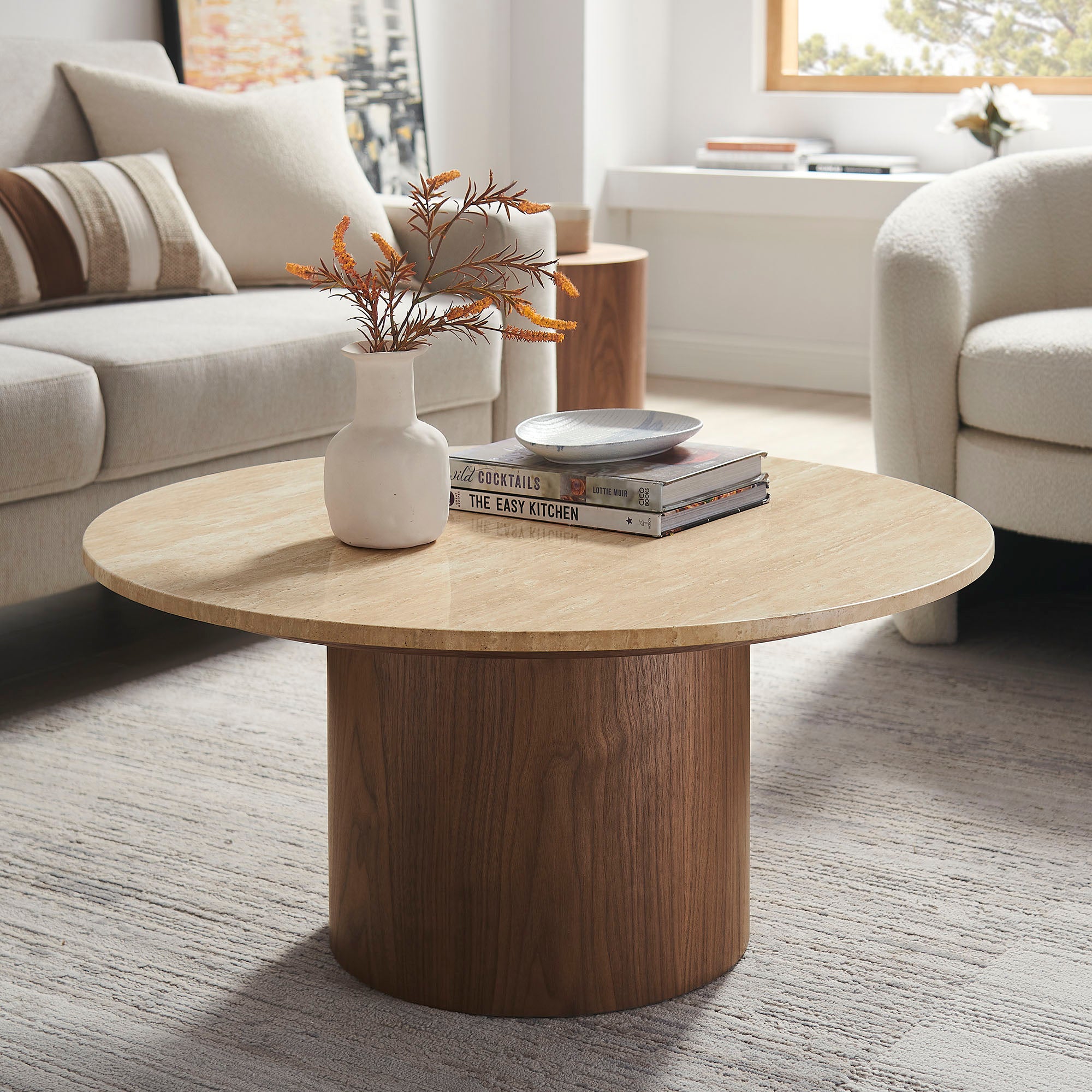 Kioni Round Travertine Coffee Table - Walnut