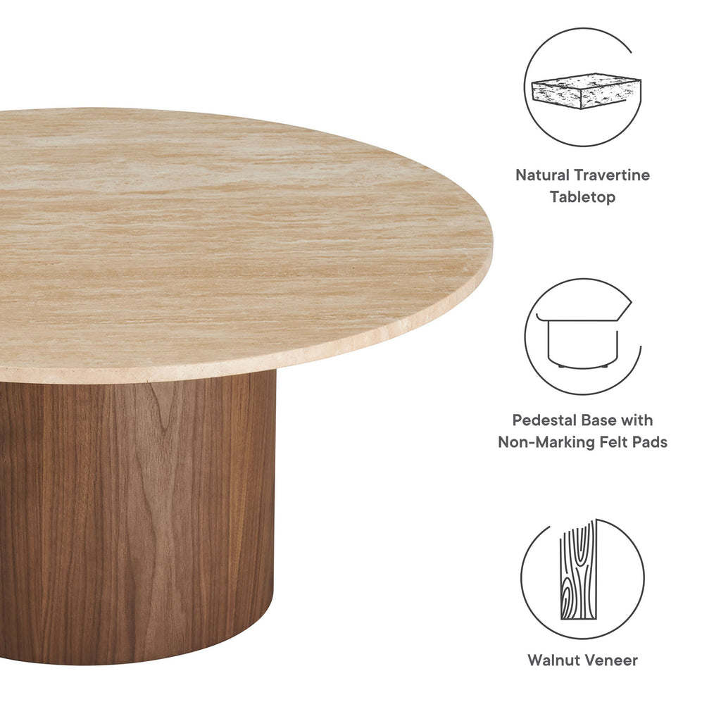 Kioni Round Travertine Coffee Table - Walnut