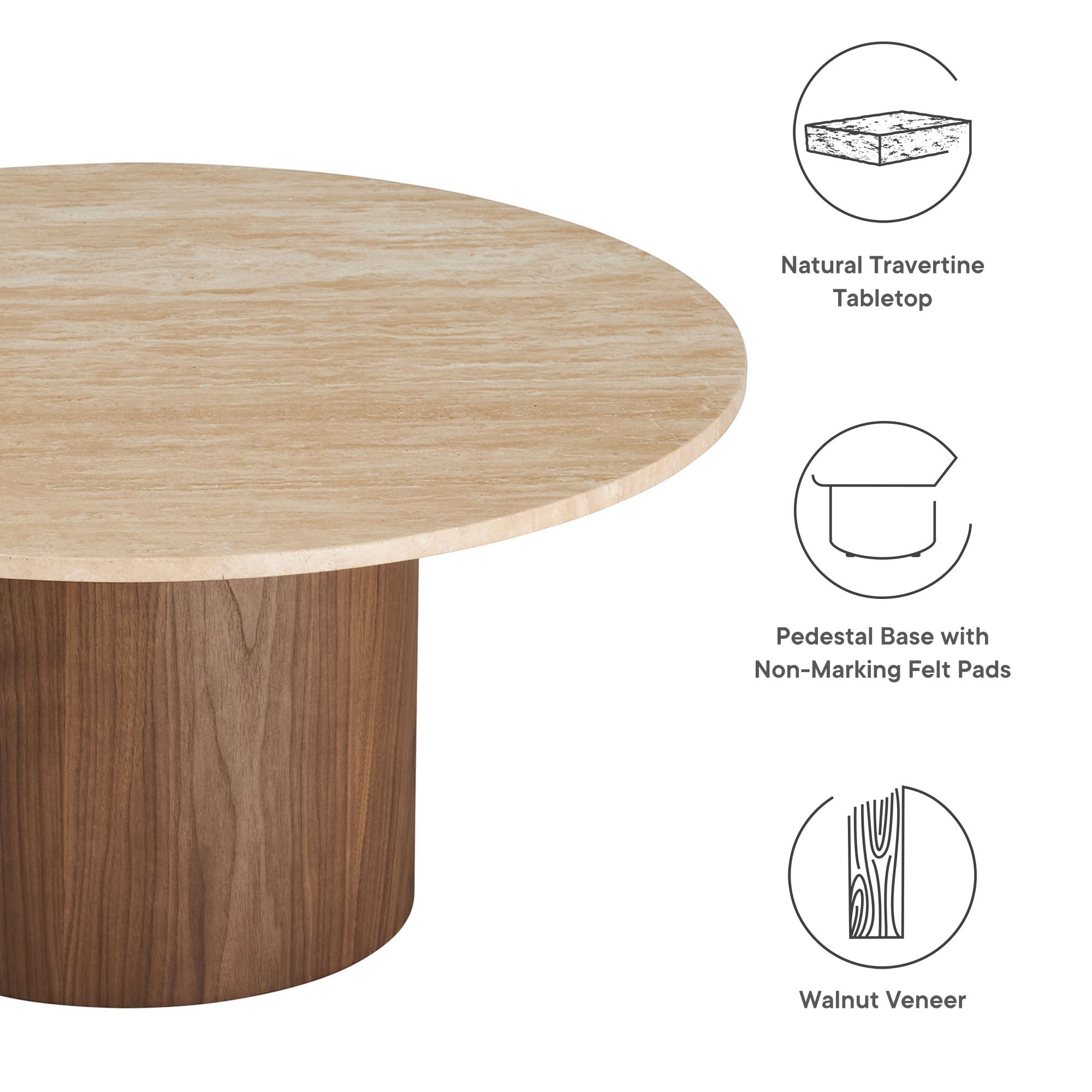 Kioni Round Travertine Coffee Table - Walnut