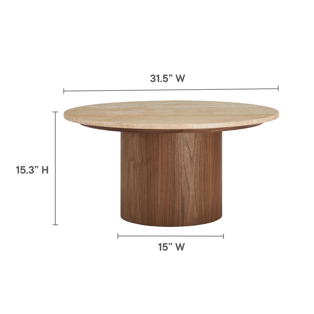 Kioni Round Travertine Coffee Table - Walnut