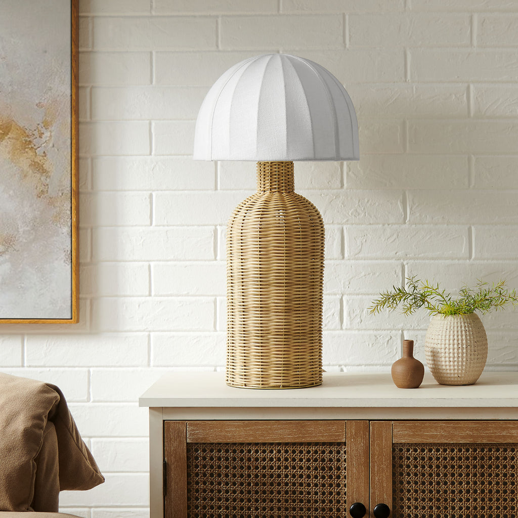Santo Rattan Table Lamp With Dome Shade - White Natural