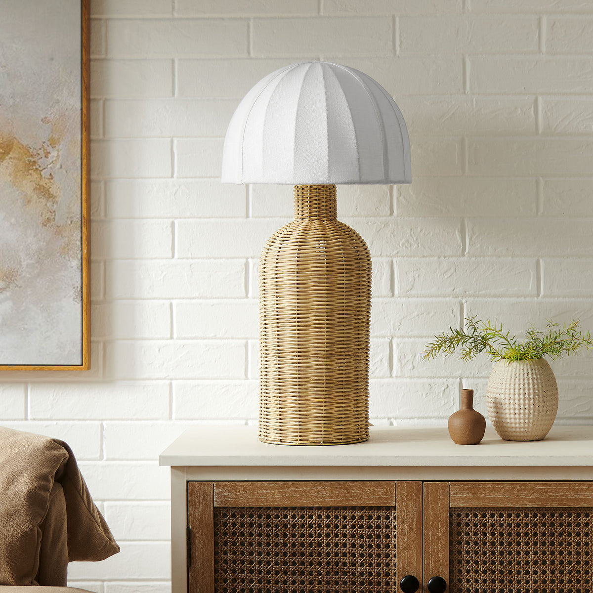 Santo Rattan Table Lamp With Dome Shade - White Natural