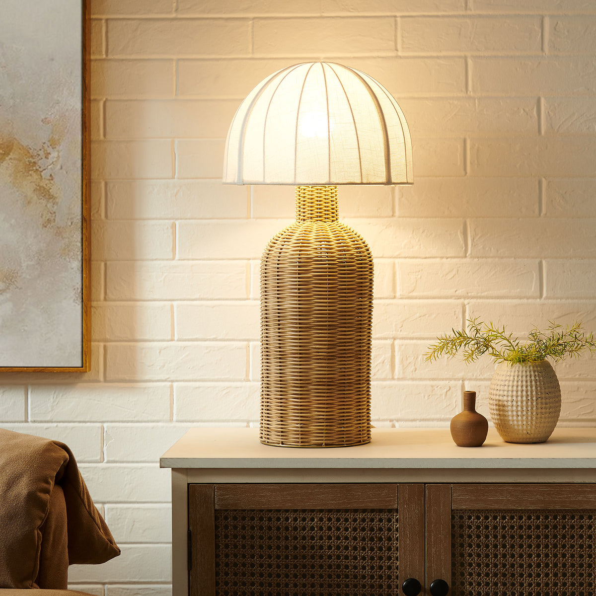 Santo Rattan Table Lamp With Dome Shade - White Natural