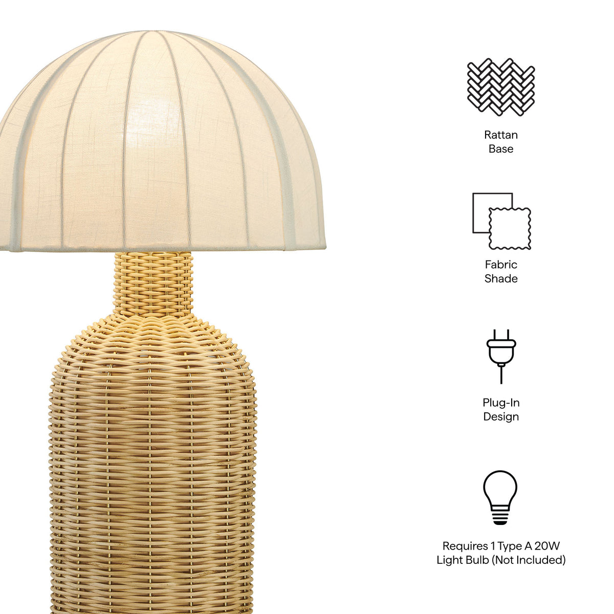 Santo Rattan Table Lamp With Dome Shade - White Natural