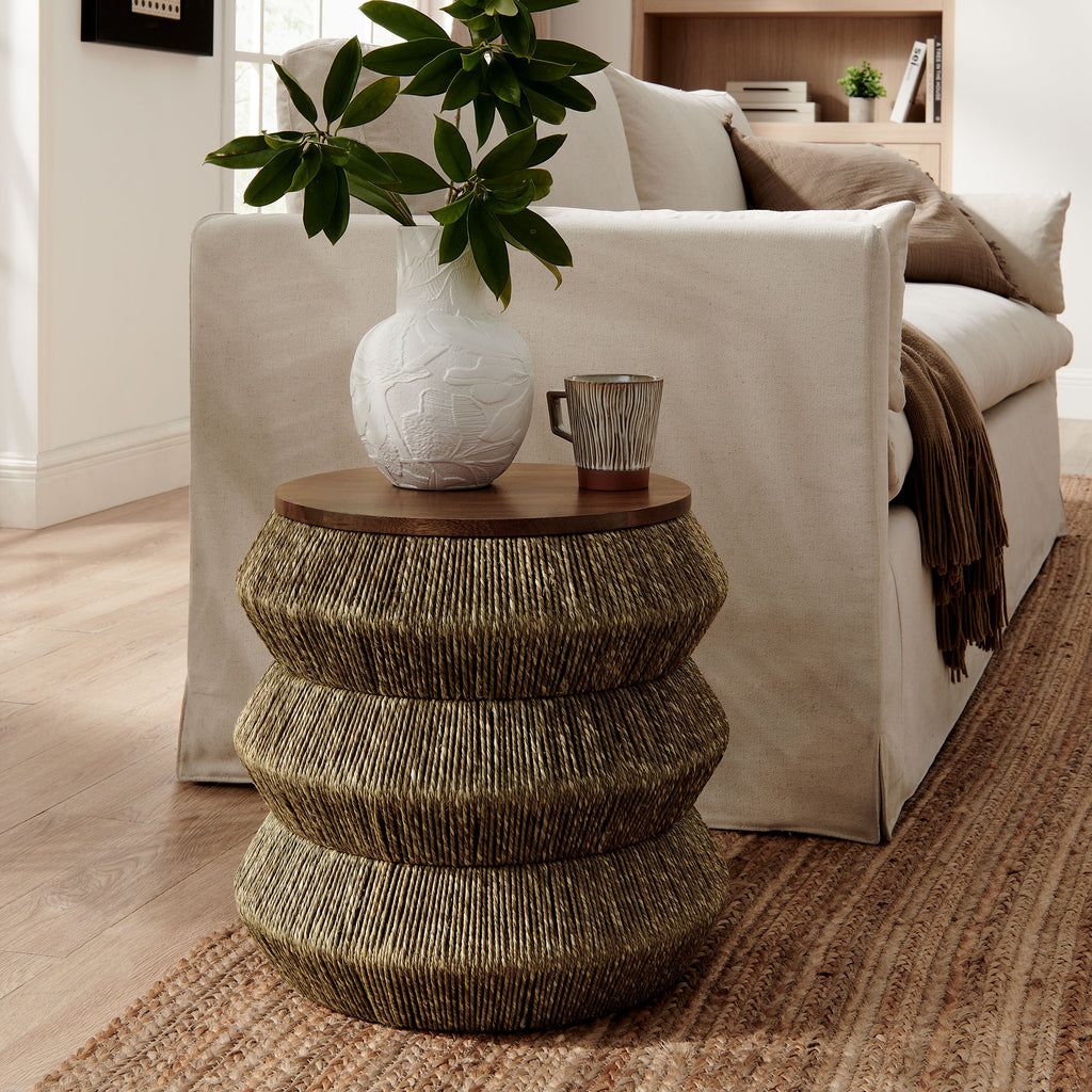 Maris Seagrass and Wood End Table - Walnut Natural