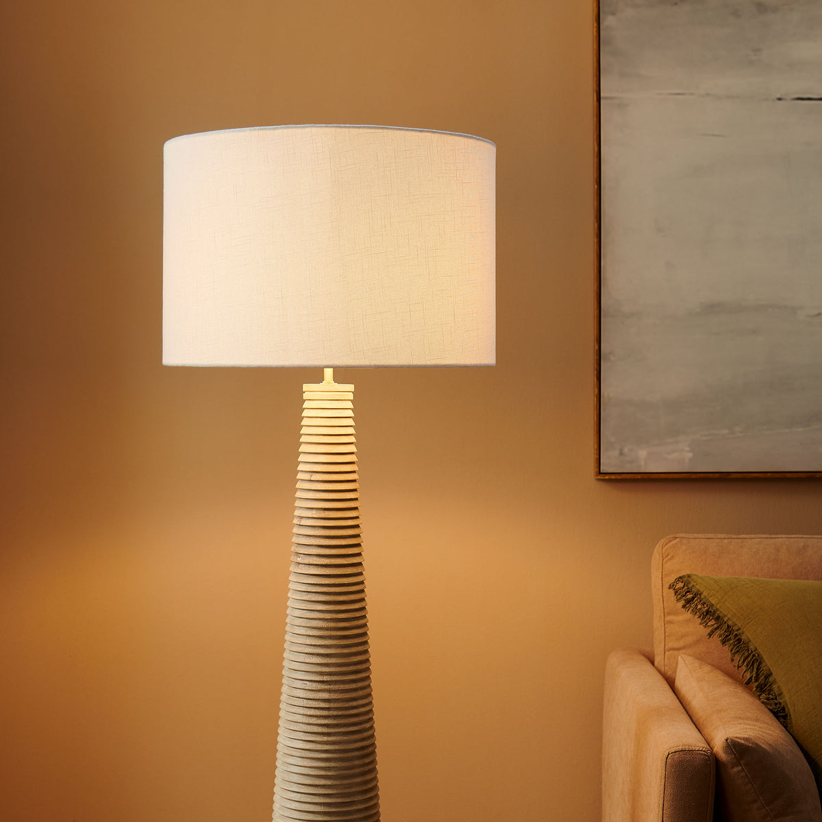 Saylor Carved Ribbed Wood Floor Lamp With Drum Shade - White Gray