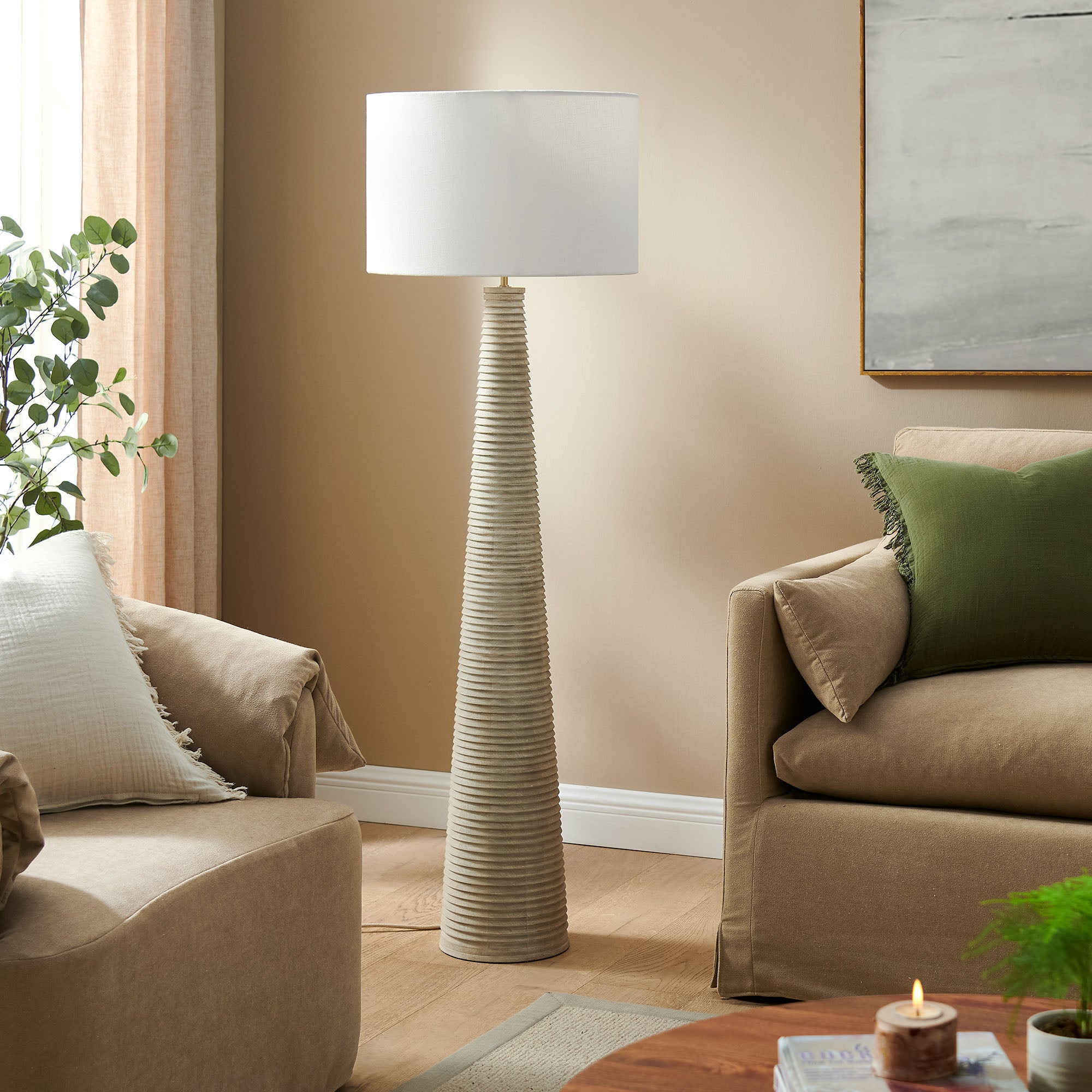 Saylor Carved Ribbed Wood Floor Lamp With Drum Shade - White Gray