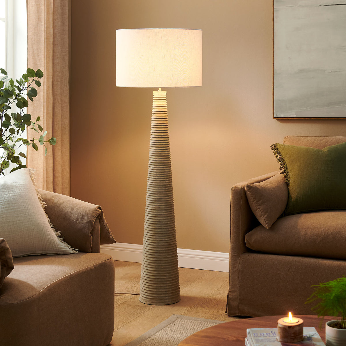 Saylor Carved Ribbed Wood Floor Lamp With Drum Shade - White Gray