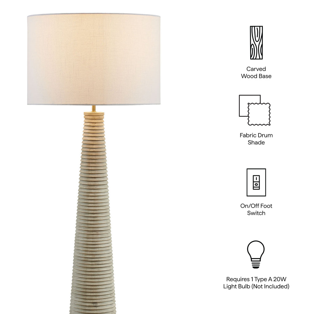 Saylor Carved Ribbed Wood Floor Lamp With Drum Shade - White Gray