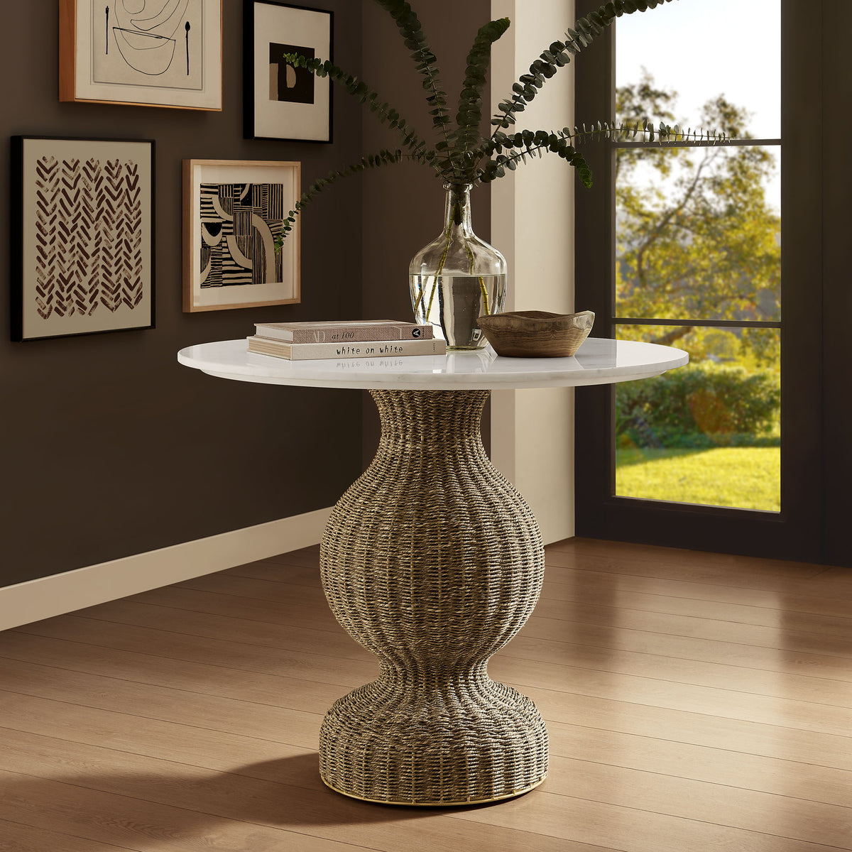 Zale 36" Marble and Seagrass Dining Table - White Natural