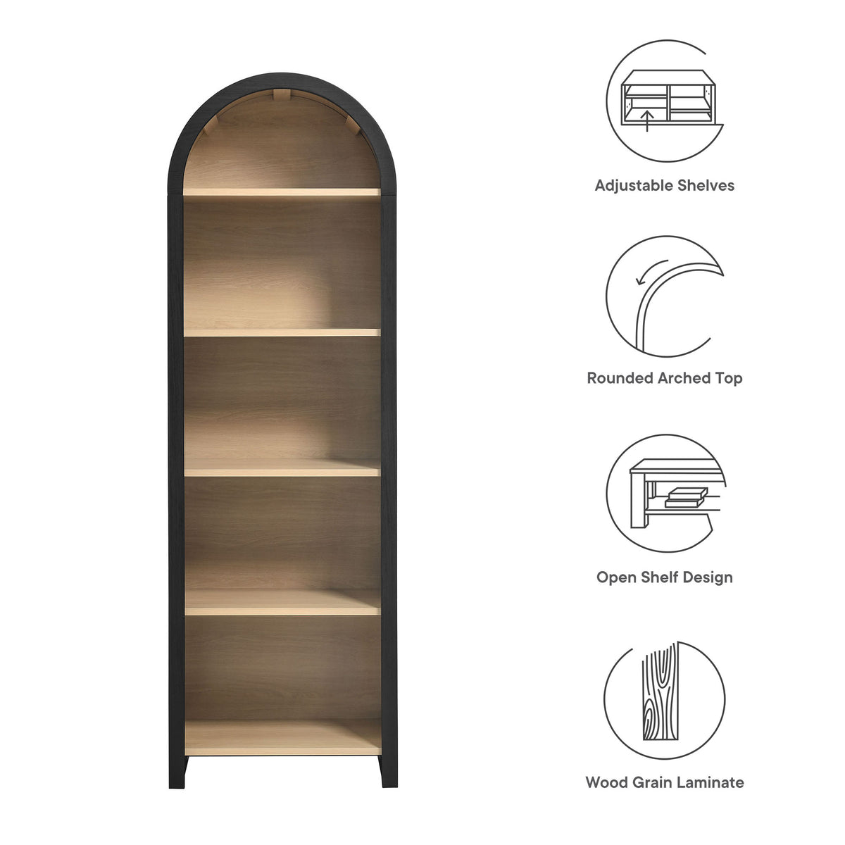 Evie Arched Narrow Bookcase Display Cabinet - Black