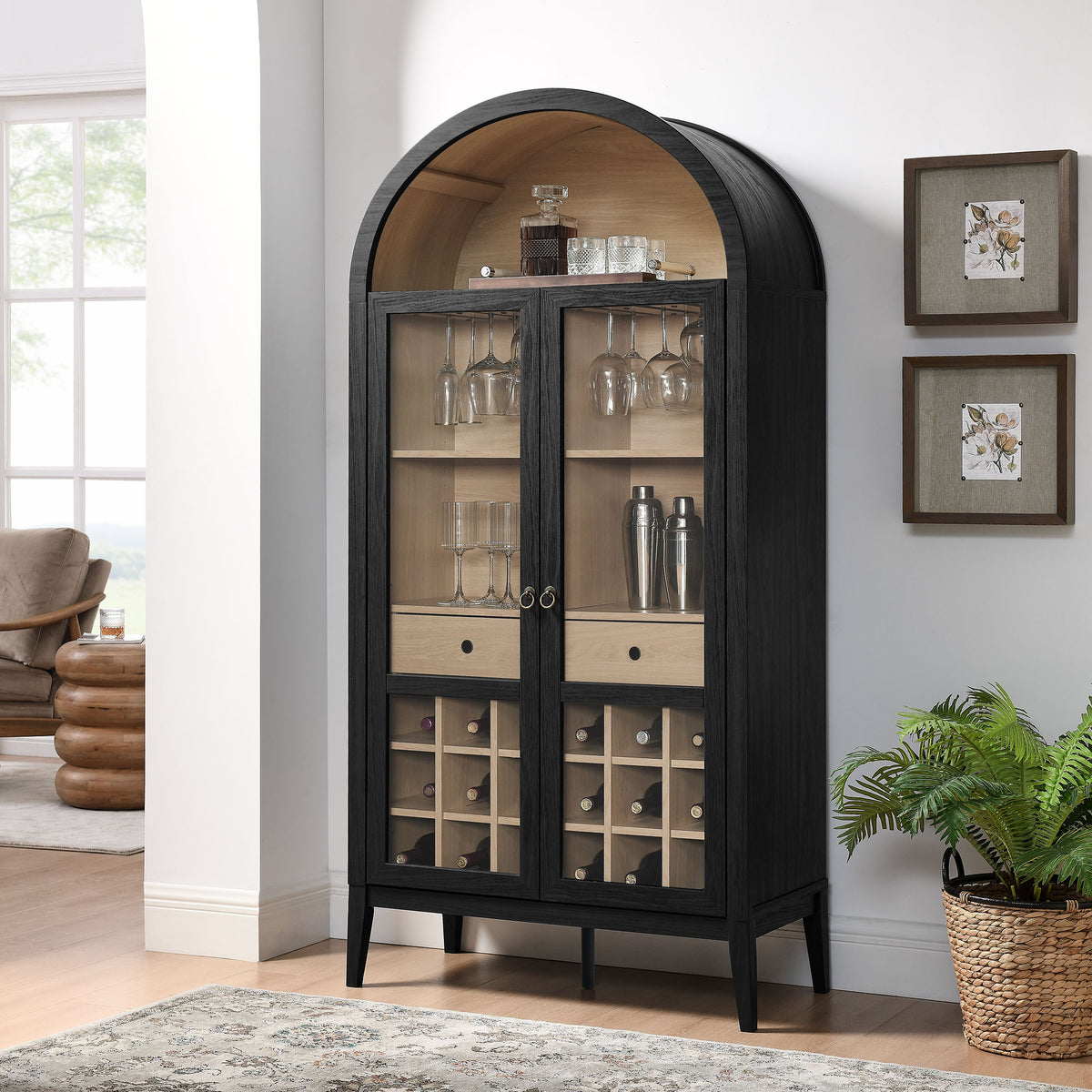 Nolan Arched Bar Cabinet - Black Oak