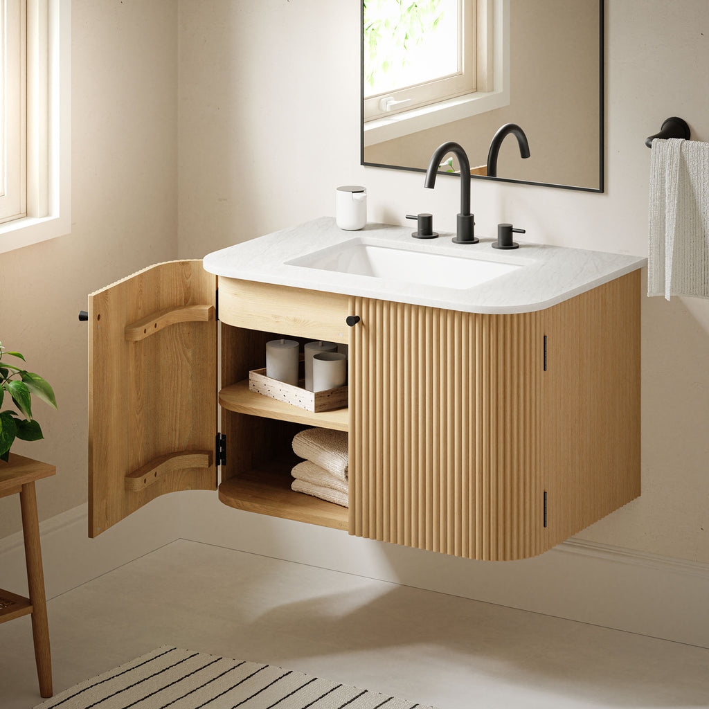 Zia 30" Wall-Mount Bathroom Vanity with Marble Sink - Natural