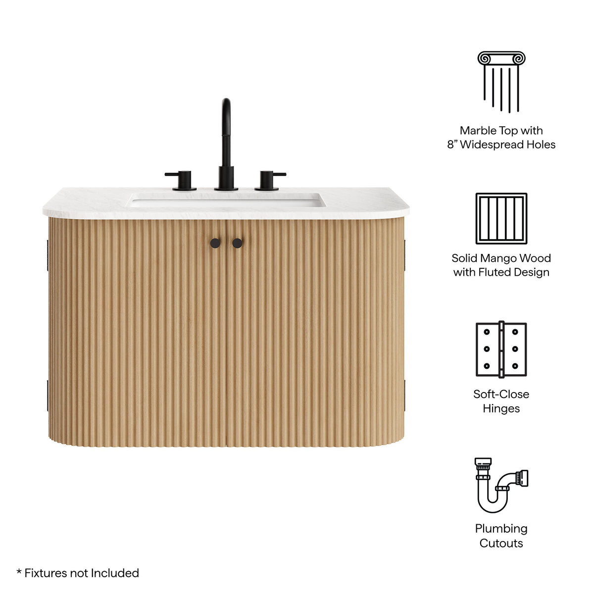 Zia 30" Wall-Mount Bathroom Vanity with Marble Sink - Natural