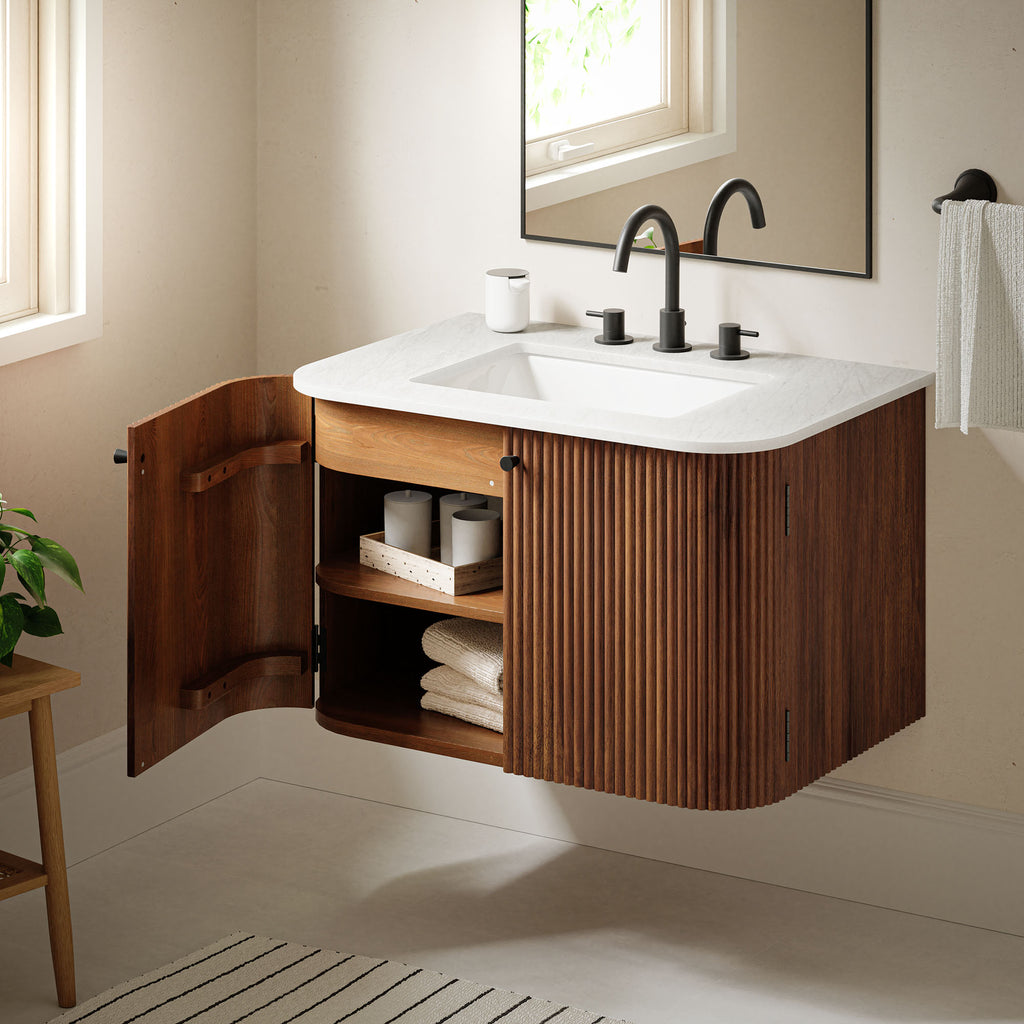 Zia 30" Wall-Mount Bathroom Vanity with Marble Sink - Walnut