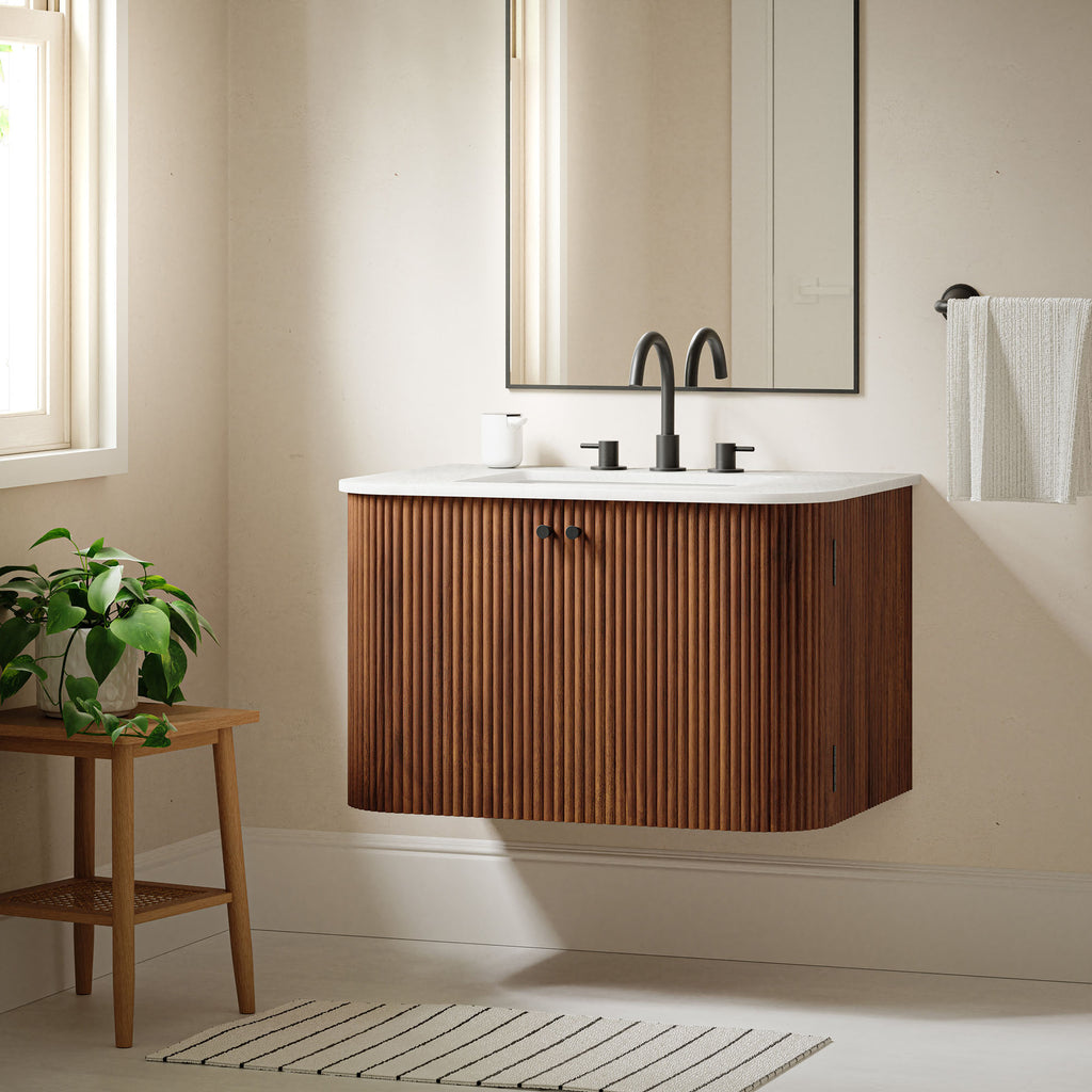 Zia 30" Wall-Mount Bathroom Vanity with Marble Sink - Walnut