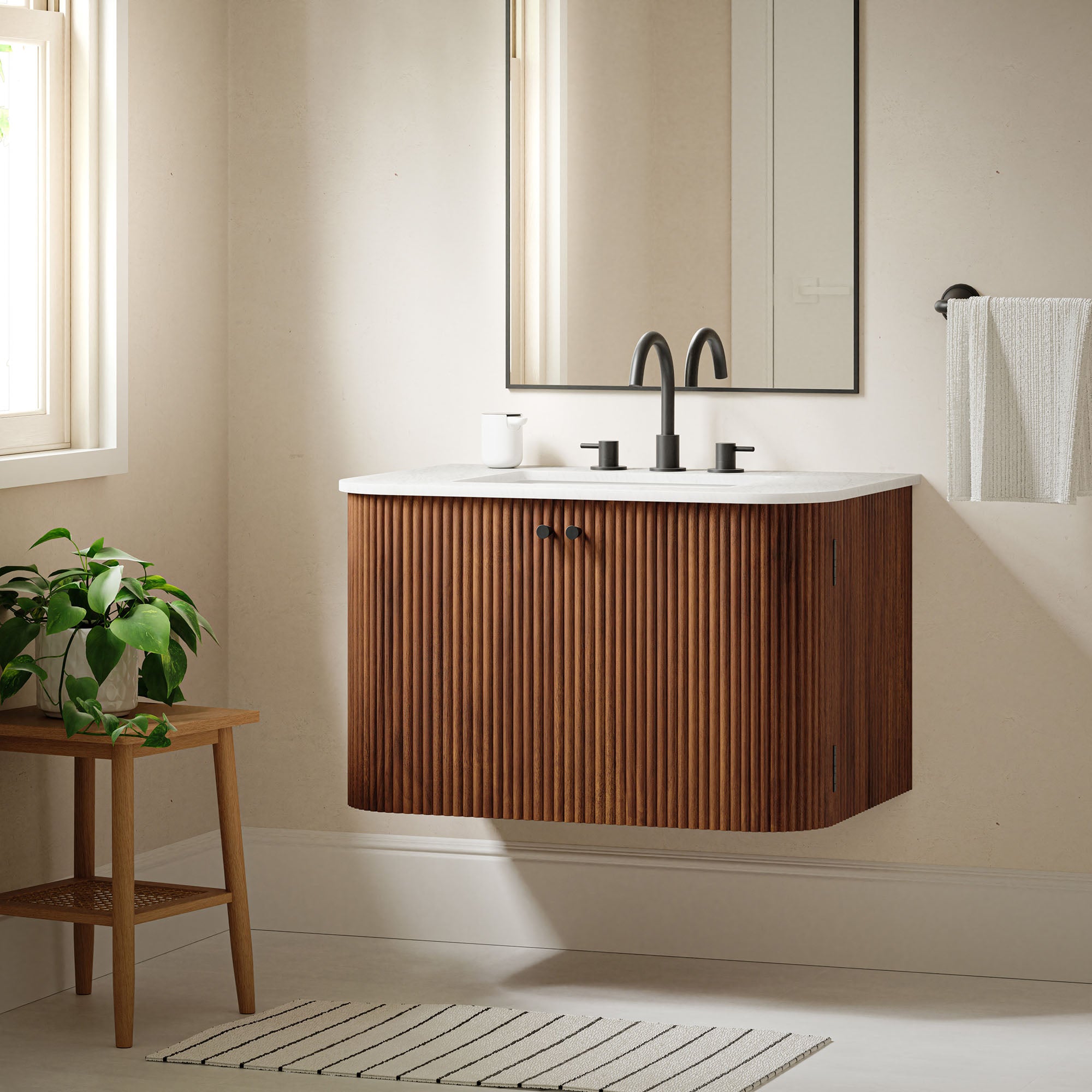 Zia 30" Wall-Mount Bathroom Vanity with Marble Sink - Walnut