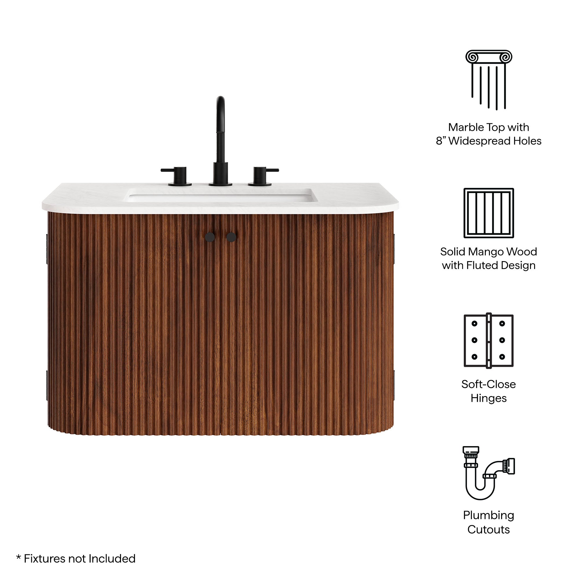 Zia 30" Wall-Mount Bathroom Vanity with Marble Sink - Walnut