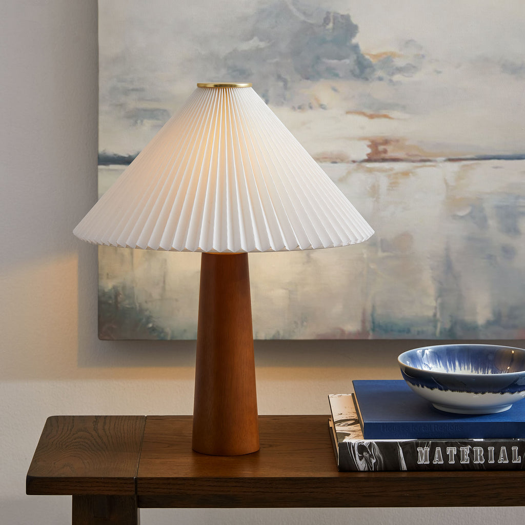 Jessica Wooden Base Table Lamp With Pleated Fabric Shade - Walnut