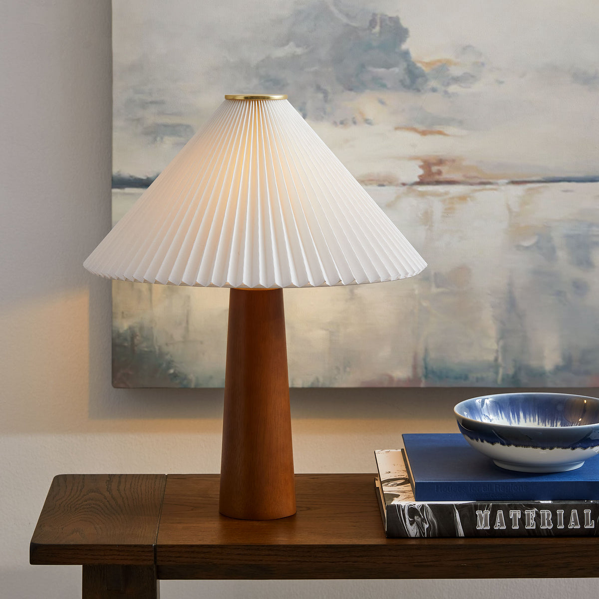Jessica Wooden Base Table Lamp With Pleated Fabric Shade - Walnut