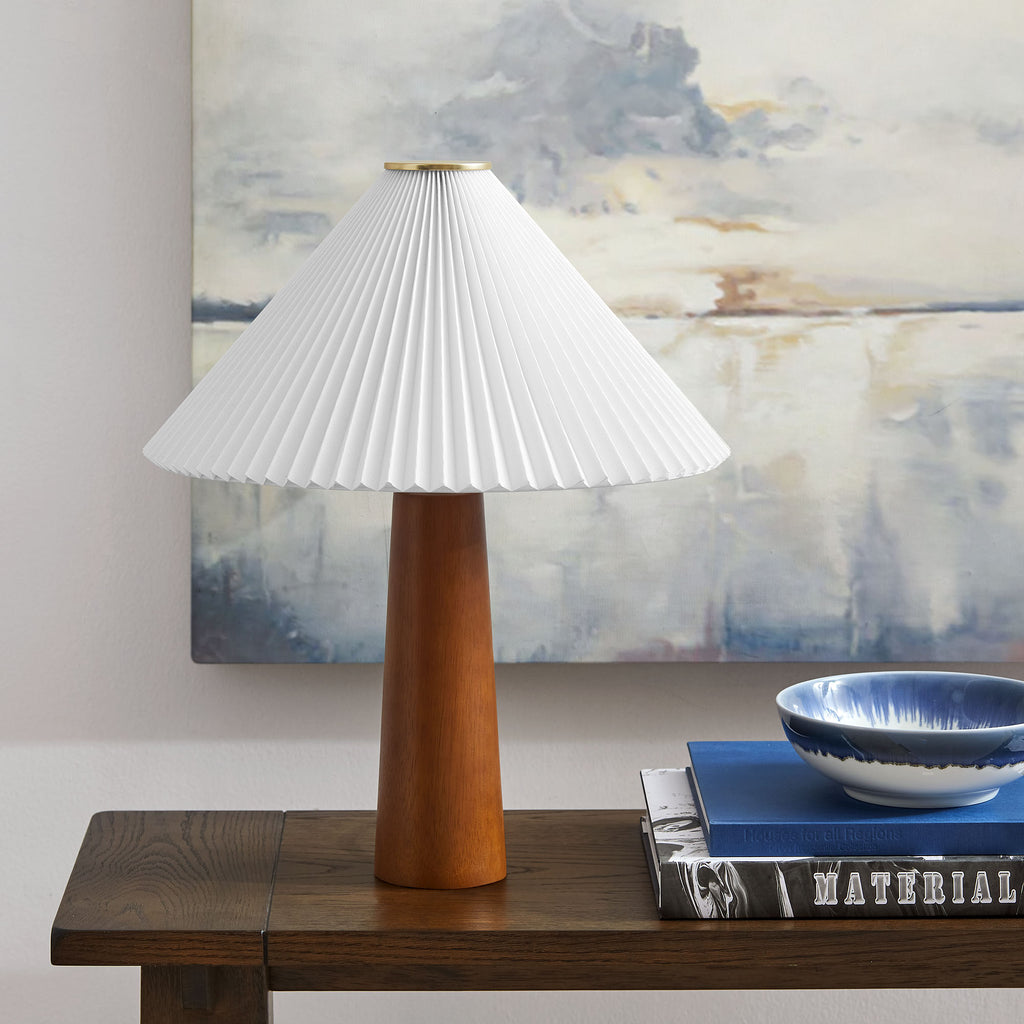 Jessica Wooden Base Table Lamp With Pleated Fabric Shade - Walnut