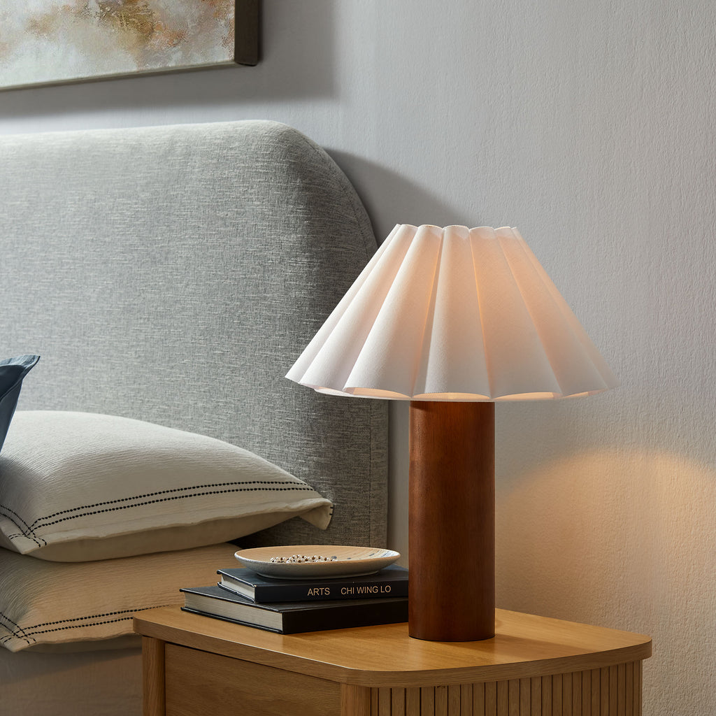 Flora Wood Table Lamp With Pleated Petal Shade - Walnut