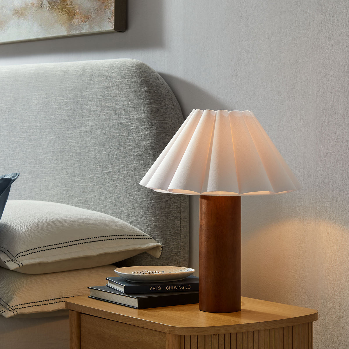 Flora Wood Table Lamp With Pleated Petal Shade - Walnut