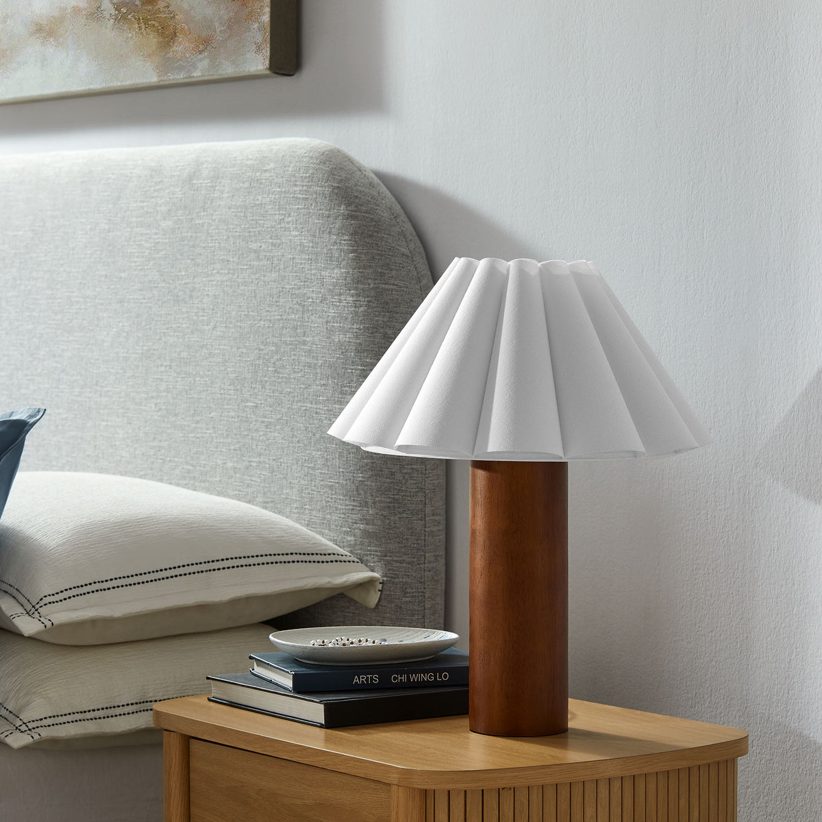 Flora Wood Table Lamp With Pleated Petal Shade - Walnut