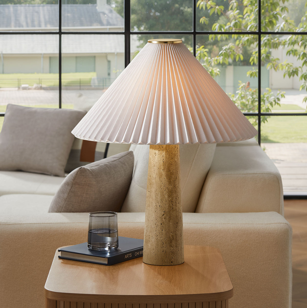Cove Travertine Table Lamp With Pleated Shade