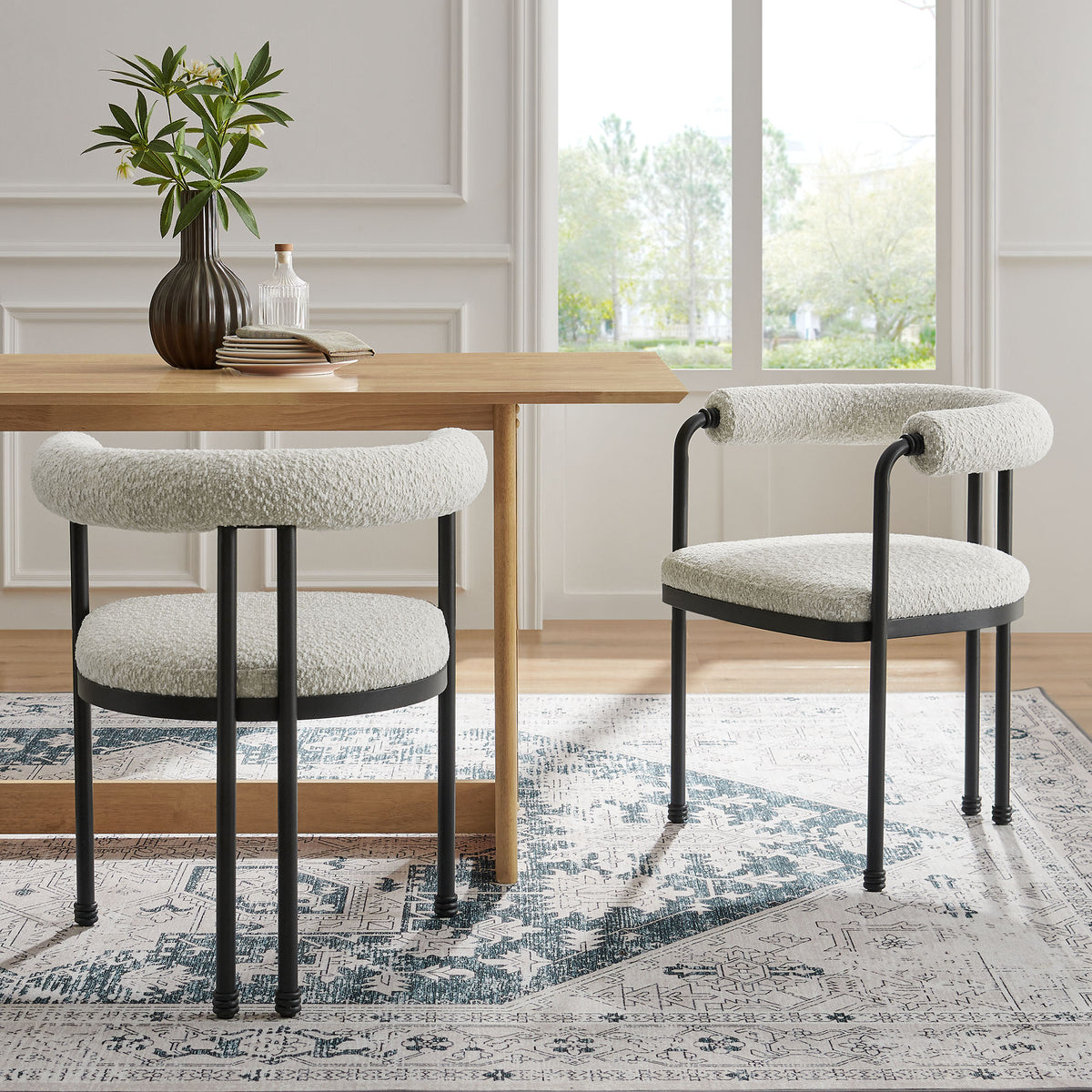 Turin Curved Back Boucle and Metal Dining Accent Chair - Black Pearl