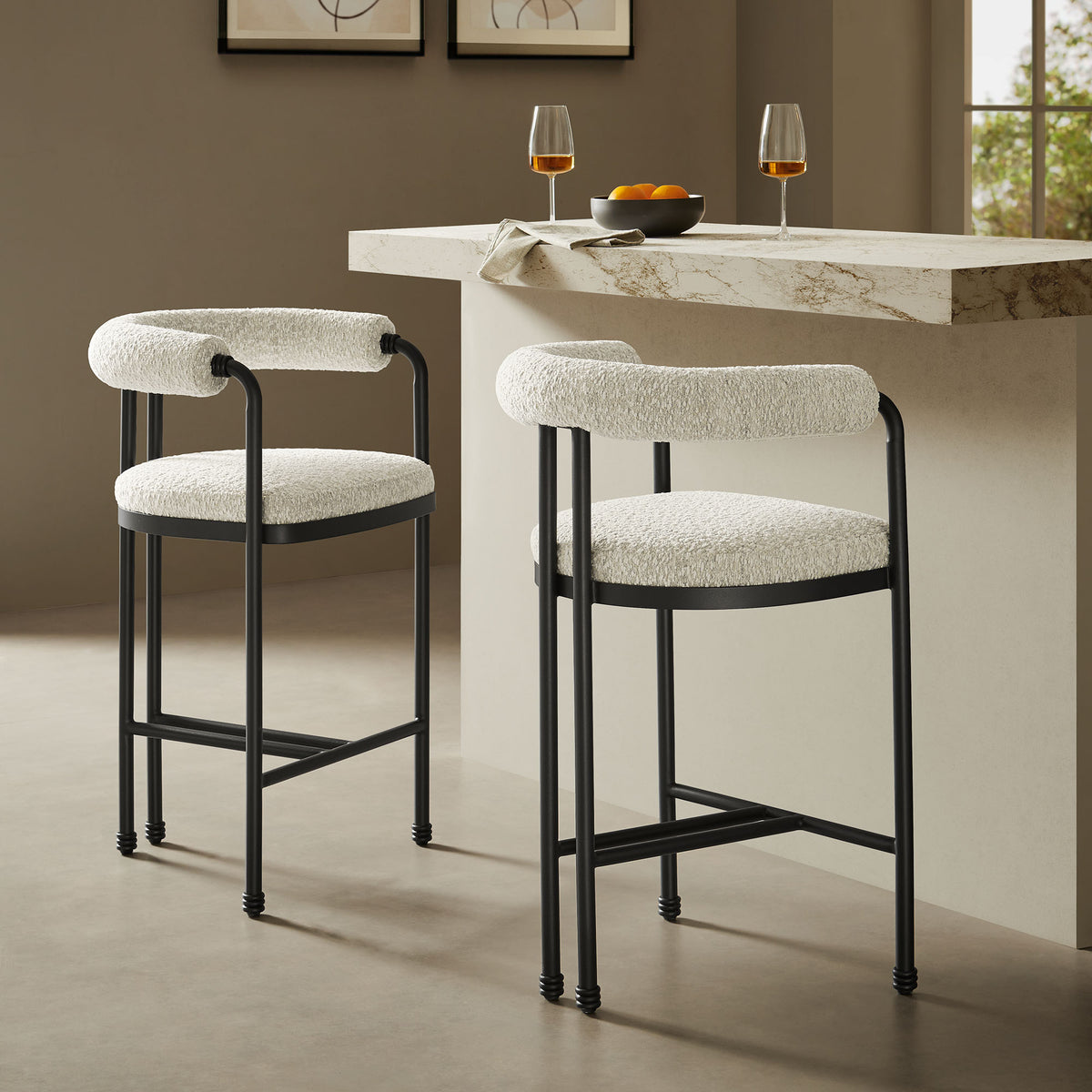 Turin Curved Back Boucle and Metal Counter Stool - Black Pearl